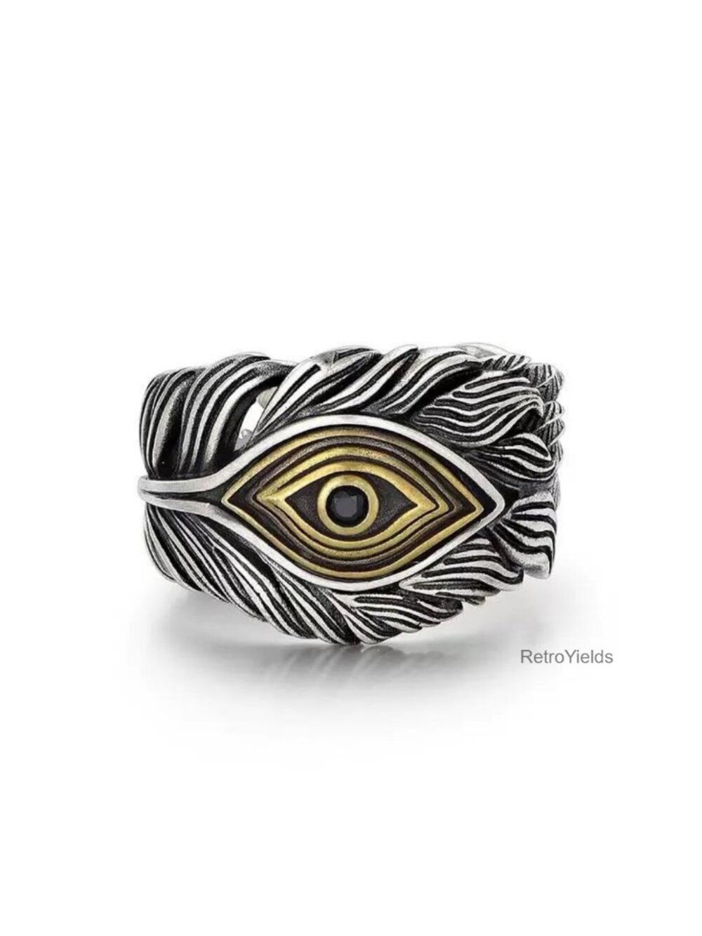 Adjustable Two-Tone Feather Evil Eye Statement Ring Black Crystal